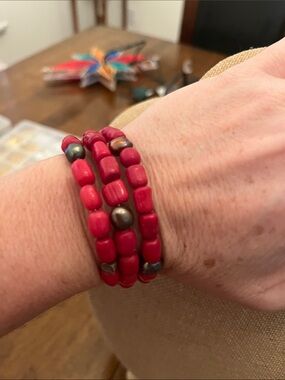 Red coral and real pearls wrap bracelet small size 6